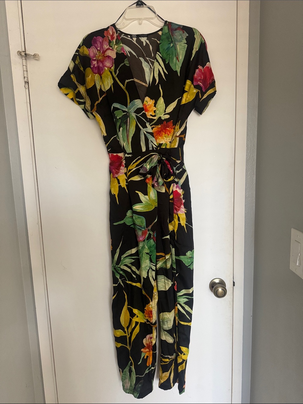 Zara Floral Wrap Jumpsuit in Black with Multicolor Print